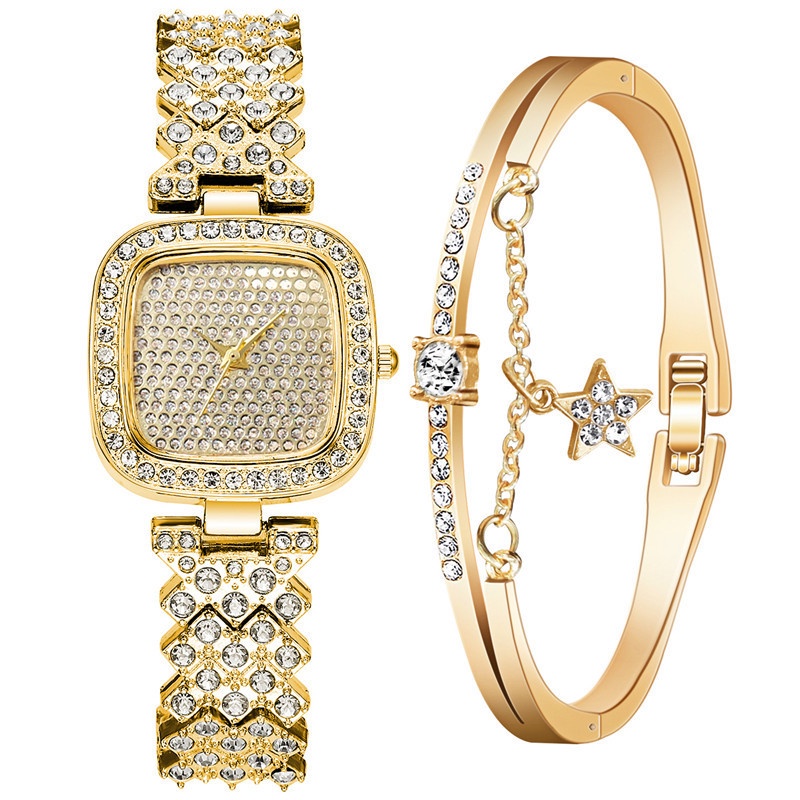 Bộ Đồng Hồ Đeo Tay Mặt Vuông Đính Đá Thời Trang Dành Cho Nữ