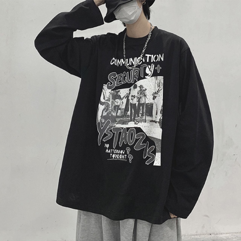 Áo thun tay dài dáng rộng in họa tiết hoạt hình phong cách đường phố Hàn Quốc cho nam size M-5XL