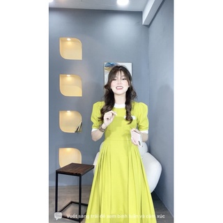 Đầm cổ tròn viền cổ xếp li eo công sở