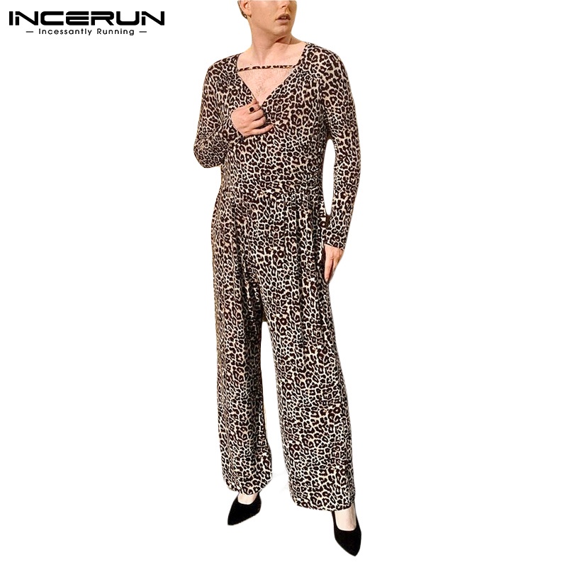 Áo liền quần INCERUN tay dài cổ chữ V họa tiết da beo thời trang dành cho bạn nam