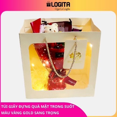 Túi Giấy Đựng Quà Mặt Trước Trong Suốt Màu Vàng Gold Sang Trọng