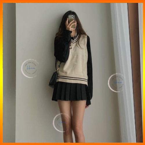 Áo Gile Nữ Chữ A Phối Viền Năng Động Freesize Chất Len Mềm Mịn Cao Cấp Hanva