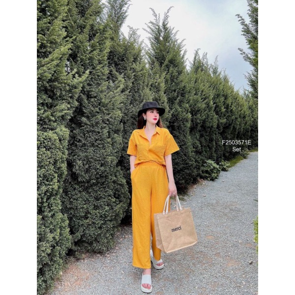 Set áo sơ mi xốp tay ngắn quần dài suông 2503