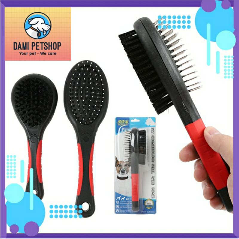 LƯỢC CHẢI LÔNG CHÓ MÈO 2 MẶT CÁN NHỰA ĐỎ ĐEN