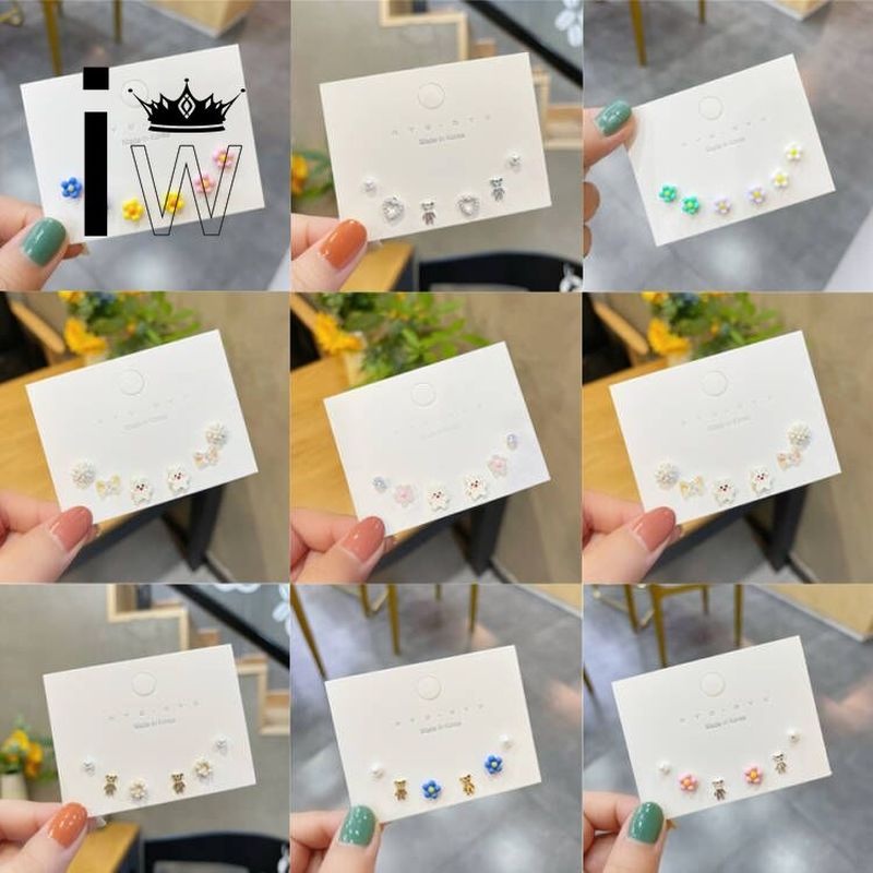 Set 6 khuyên tai hình trái tim/ hoa/ gấu đính đá dễ thương cho nữ