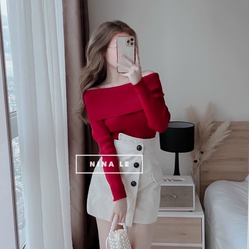 Áo len tăm trễ vai tay dài Quảng Châu, áo len tăm mỏng ngang vai siêu sang chảnh dành cho nữ