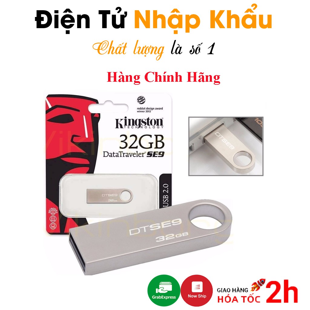 USB 64Gb/32Gb/16Gb/8Gb/4Gb/2Gb Kingston 2.0 SE9 Nhỏ Gọn, Vỏ Kim Loại, Chống Nước