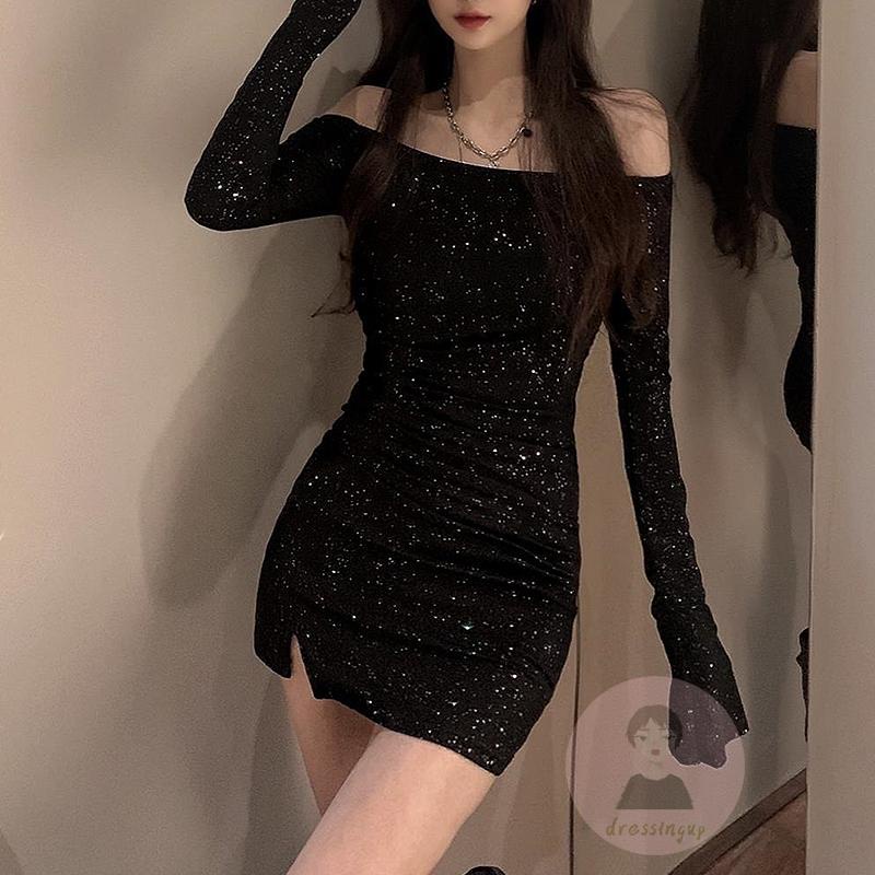 DRE-Women Wrap Slit Dress, Black Off-the-shoulder Long Sleeve Bodycon Dress with Rhinestone, S/ M/ L/ XL/ XXL