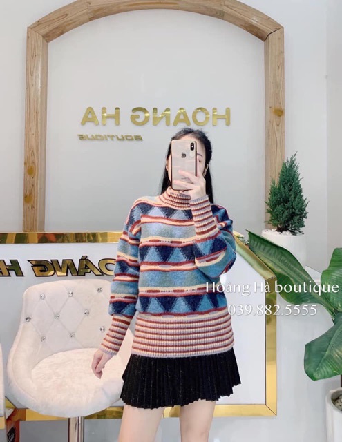 Áo len cổ tròn hoạ tiết kẻ hàng Cao cấp