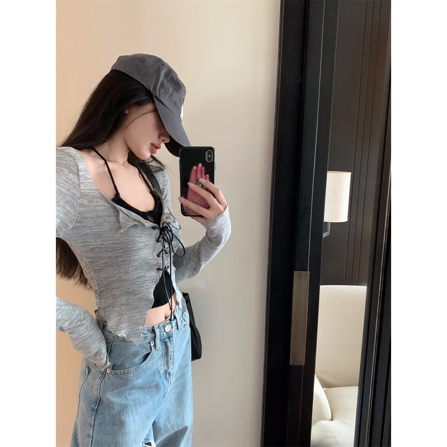 Set đồ ZHELIHANGFEI gồm áo cardigan dệt kim dài tay và áo hai dây thời trang dành cho nữ