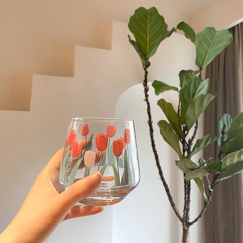 Ly thủy tinh uống nước họa tiết hoa cúc xinh xắn dễ thương