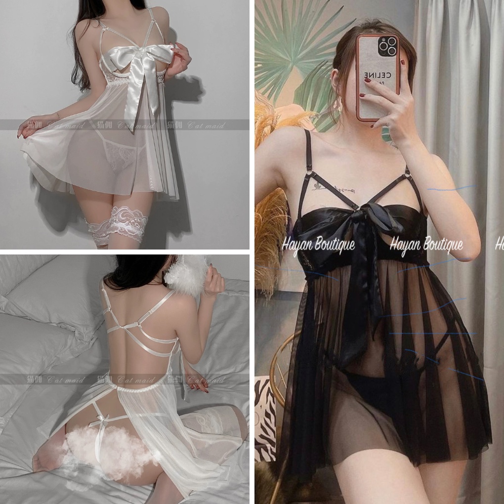HT165 Váy ngủ sexy ren xuyên thấu có GỌNG tặng CHÍP, đồ ngủ sexy nơ ngực gợi cảm HT165
