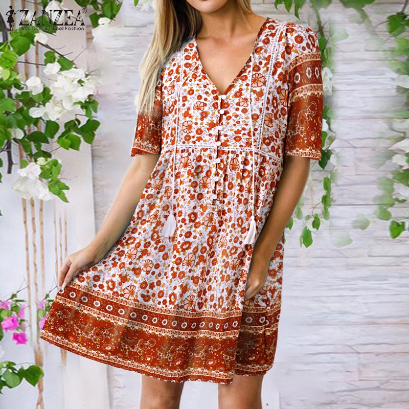 Zanzea Đầm Mini Dáng Chữ A Tay Lửng Cổ Chữ V In Họa Tiết Hoa Retro Thời Trang Đi Biển Cho Nữ