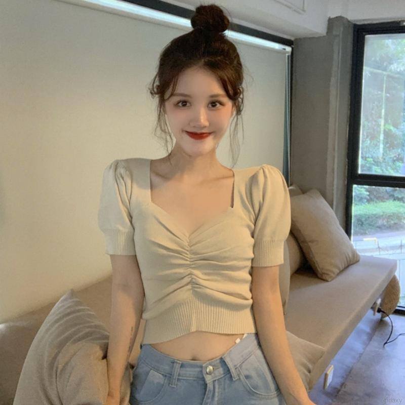 Áo croptop dệt kim tay ngắn màu sắc đơn giản phong cách hàn quốc cho nữ