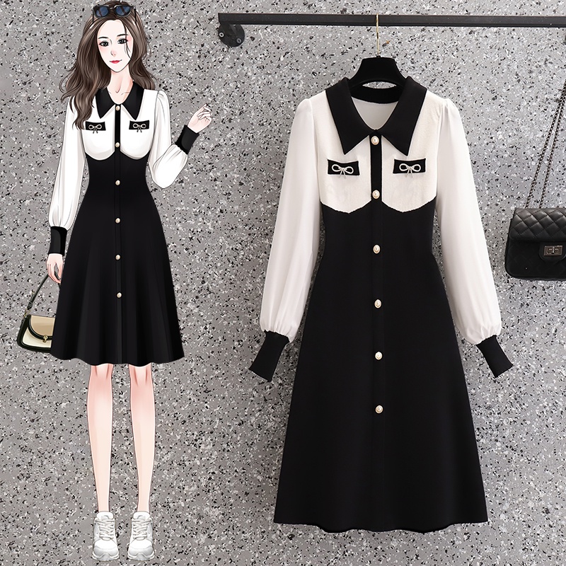🌸Hàng Order🌸Váy Đầm Bigsize Len Phối Màu Tay Voan Đính Nơ Đá Cúc Ngọc Tiểu Thư Nữ Tính🌸Hàng Quảng Châu