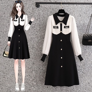 🌸hàng order🌸váy đầm bigsize len phối màu tay voan đính nơ đá cúc ngọc tiểu thư nữ tính🌸hàng quảng châu