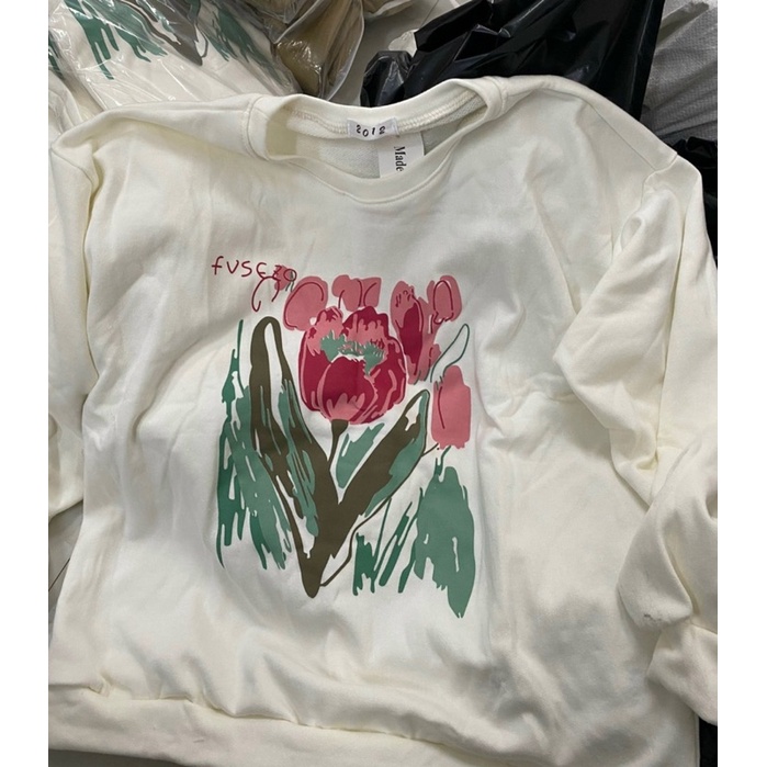 Áo Sweater FVSEZO In Hoa Nữ [FREESHIP] Nỉ form rộng tay bồng oversize màu trắng kiểu dáng cute hàn quốc đẹp