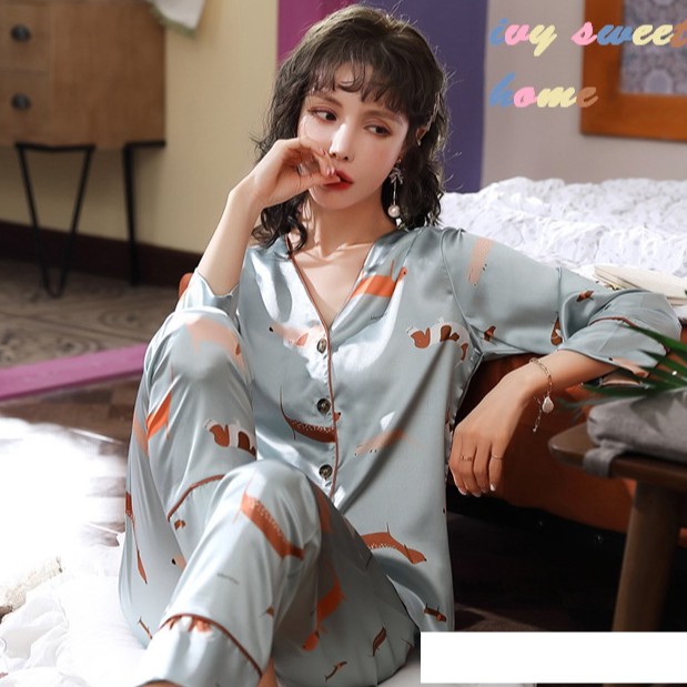 Pijama Lụa Satin Đẹp Tay Dài Quần Dài (42-78kg)  Đồ Ngủ Cổ V Dịu Dàng Cài KhuyIVY633