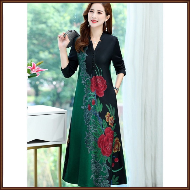 Đầm Dài Qua Gối Cổ Chữ V Tay Dài In Họa Tiết Hoa Phong Cách Cổ Điển Dành Cho Nữ