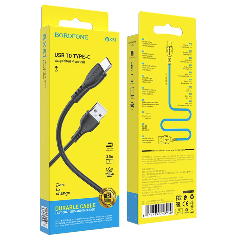 Cáp Sạc Borofone BX51 3.0A Cổng Type-C Dây Dài 1m