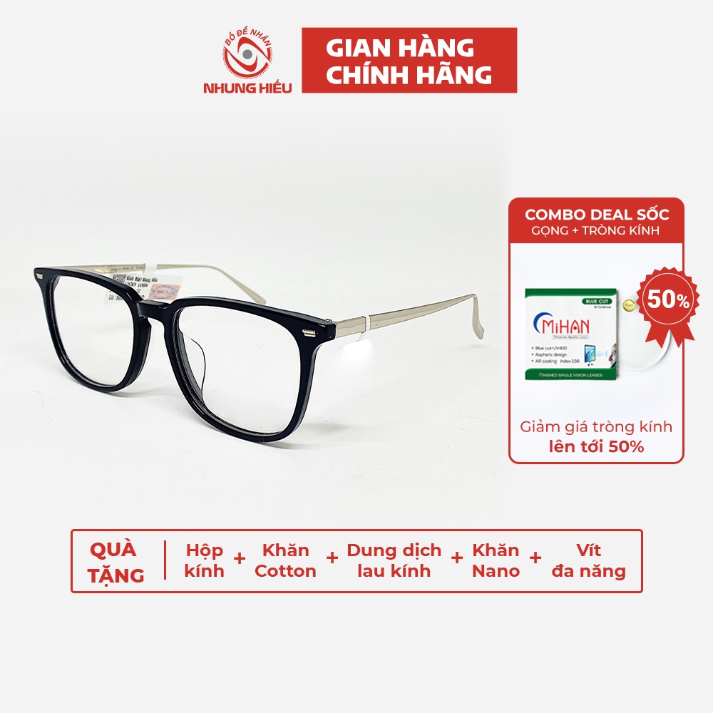 Gọng kính cận thời trang nam nữ NHUNG HIẾU LUCKY gọng vuông viền nhựa càng titan không gỉ dáng vuông