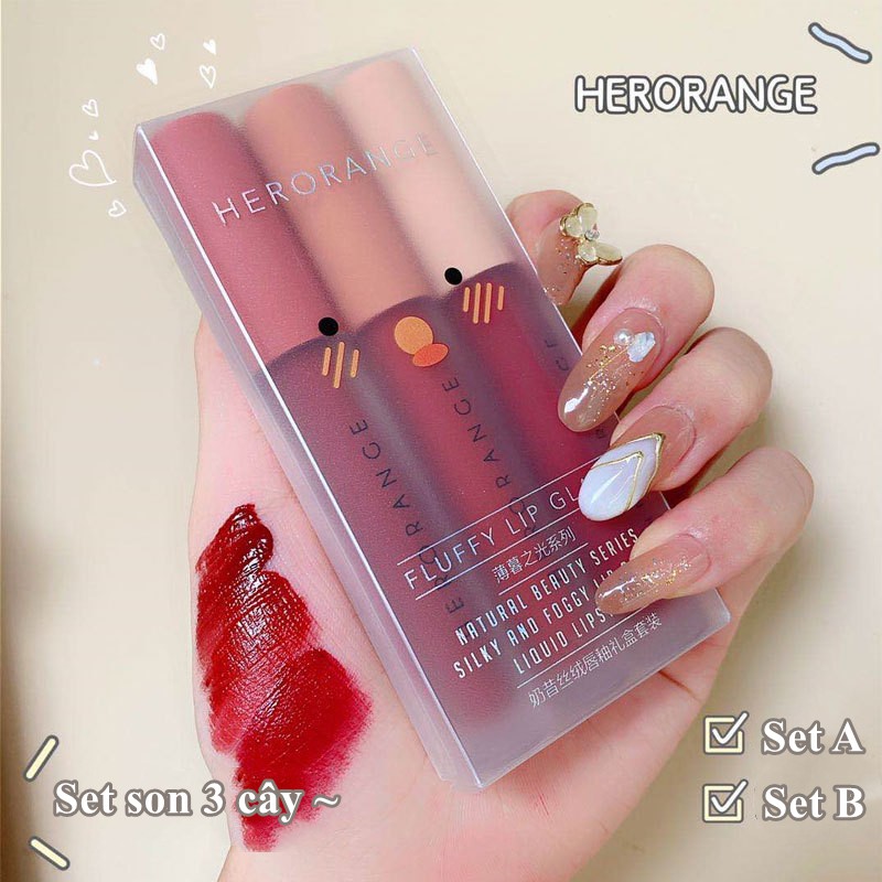 Set Son Kem Lì 3 cây HERORANGE Fluffy Lip Glaze | Thế Giới Skin Care