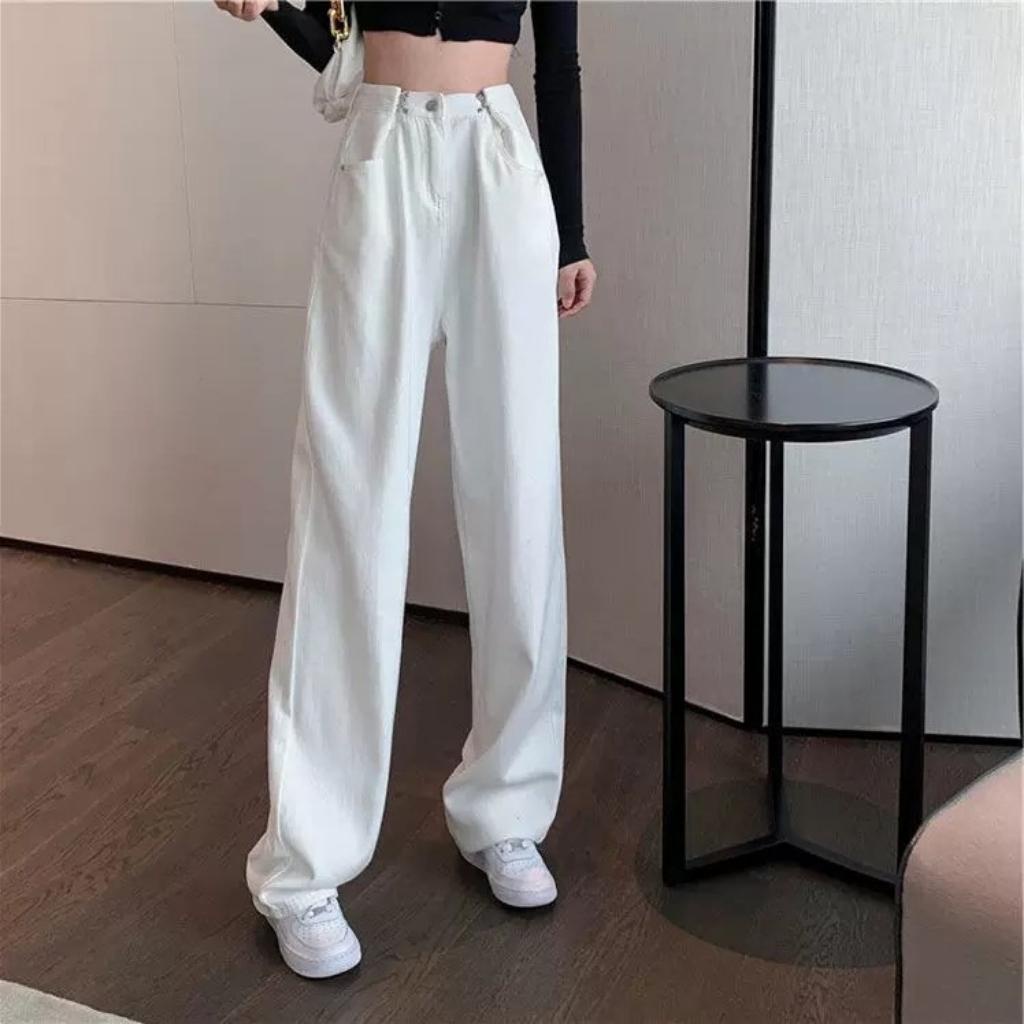 Quần Kaki Jean Ống Rộng Cạp Cao Dáng Uniex Lưng Eo Bản To Phối Kèm Móc Khóa siêu hot