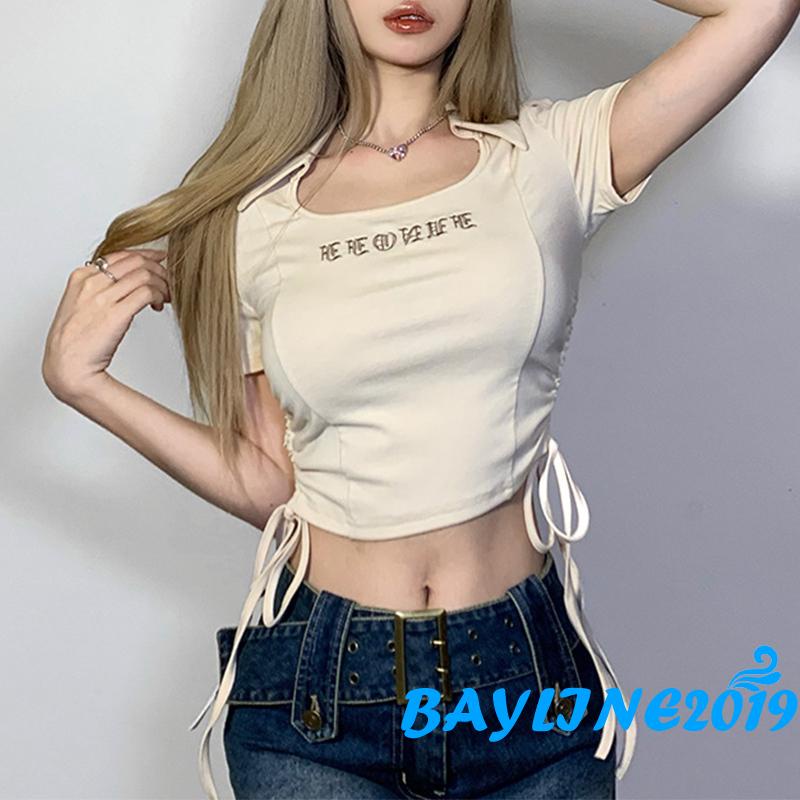 Áo Thun Croptop Ngắn Tay Thêu Chữ Phối Dây Rút Thời Trang Mùa Hè Cho Nữ