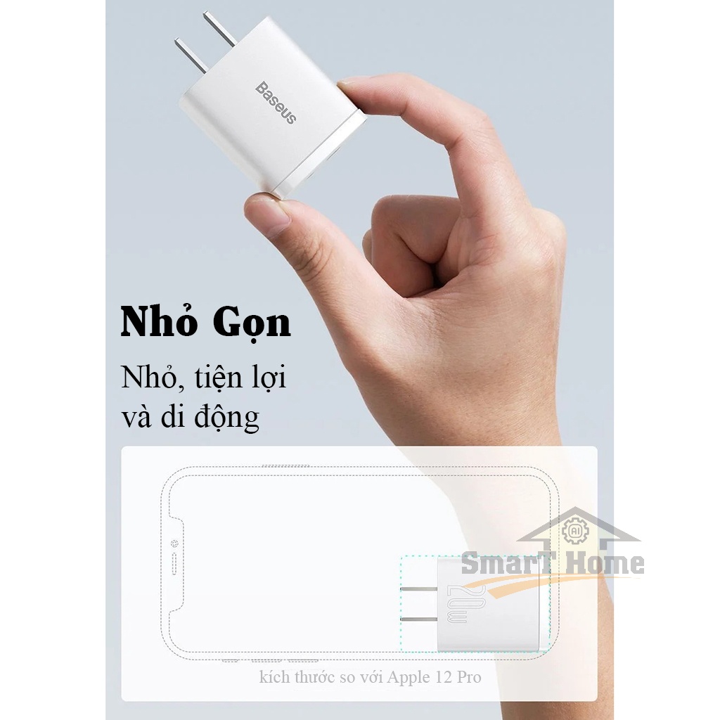 Củ Sạc Nhanh 20W Baseus Chính Hãng - Cốc Sạc Nhanh Iphone 20W 2 Đầu Ra (USB + Type-C) Tích Hợp PD/QC 3.0