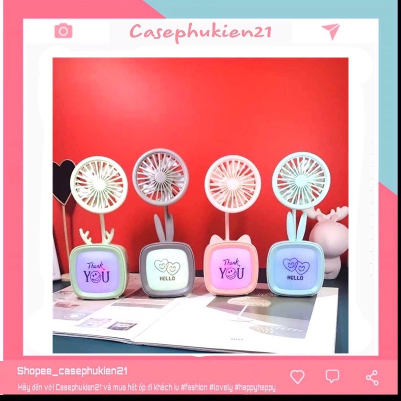 Quạt mini để bàn có sừng, kèm đèn LED ngủ đổi màu