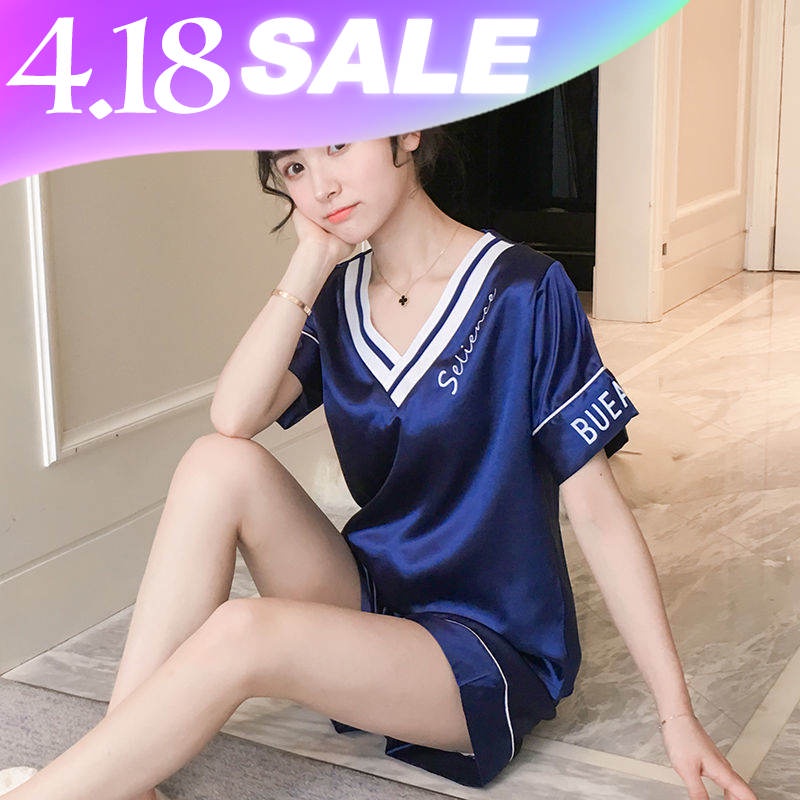 Pajama female Xia Bingsi short sleeve Korean spring and autumn thin section sweet imitation silk sexy V-neck two-piece suit home clothes