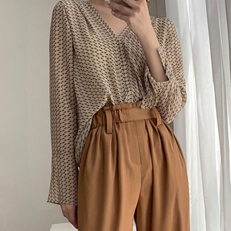 Áo Sơ Mi Chiffon Cổ V Tay Dài In Hoa Xinh Xắn Cho Nữ