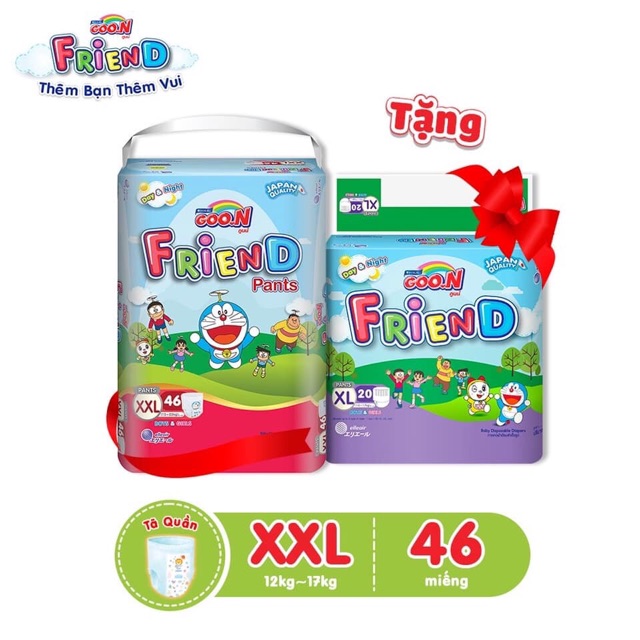 [ mua 1 được 2] tã bỉm quần goon Friend gói siêu đại M68 tặng M27/L60+23m/XL52+20m