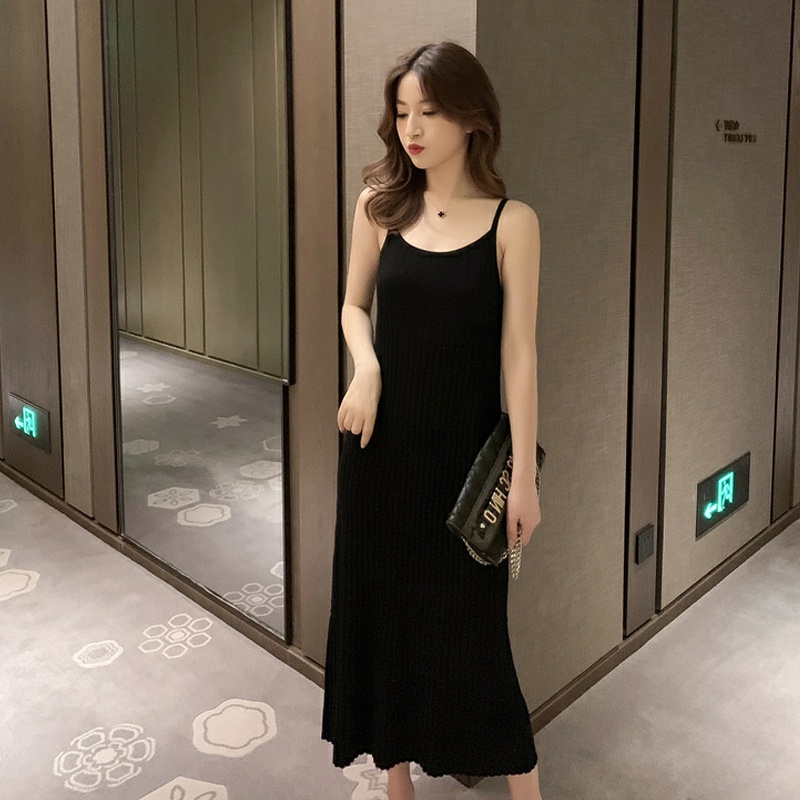 Đầm midi hai dây SUXI dệt kim màu trơn dáng ôm thời trang quyến rũ