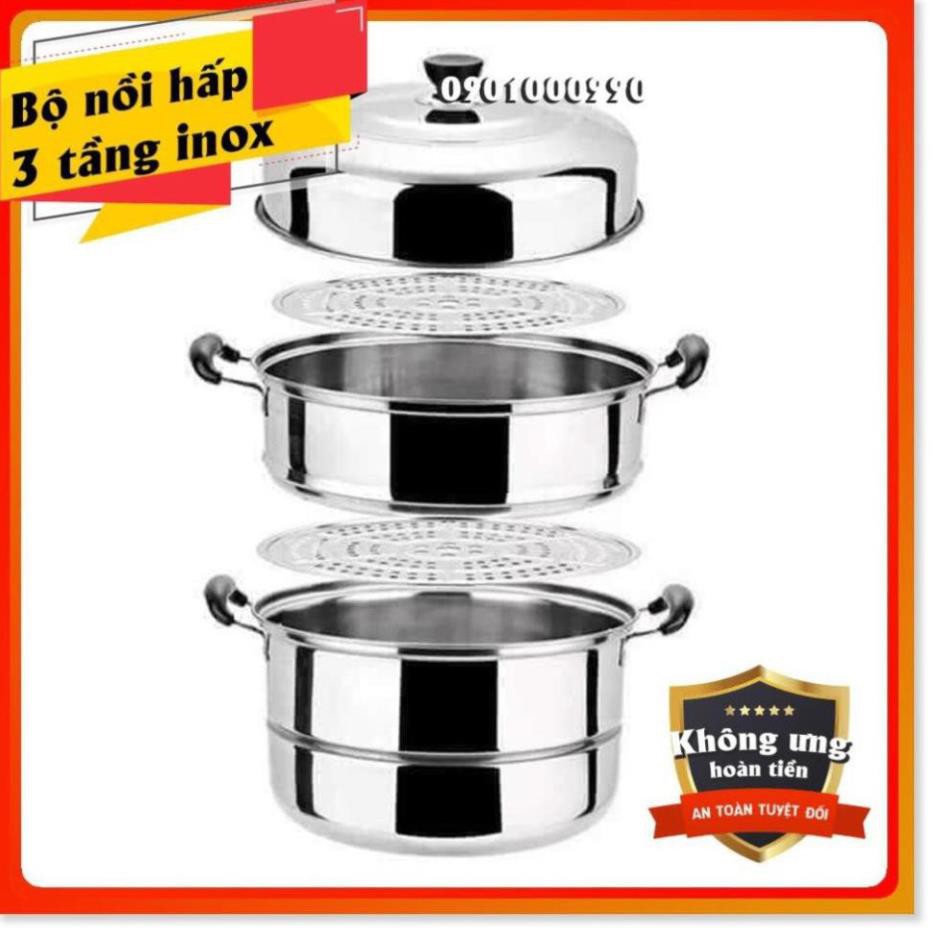 ⚡RẺ VÔ ĐỊCH⚡Nồi hấp 3 tầng đa năng inox cỡ lớn size 28cm, hấp bánh bao, xôi...sử dụng bếp từ