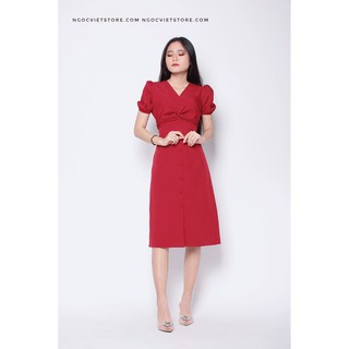 Đầm Thiết Kế Trơn Dài Qua Gối Xoắn Eo Hàng Nút Bọc SP027823 (Hình Shop Tự Chụp) / ngocvietshop07 (hình thật)