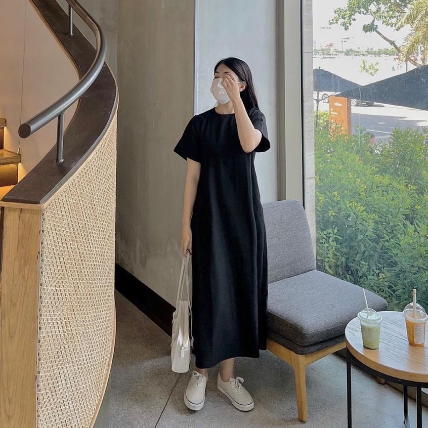 Đầm nữ dáng dài form rộng - Váy suông dài trơn, thắt eo vintage V-TS