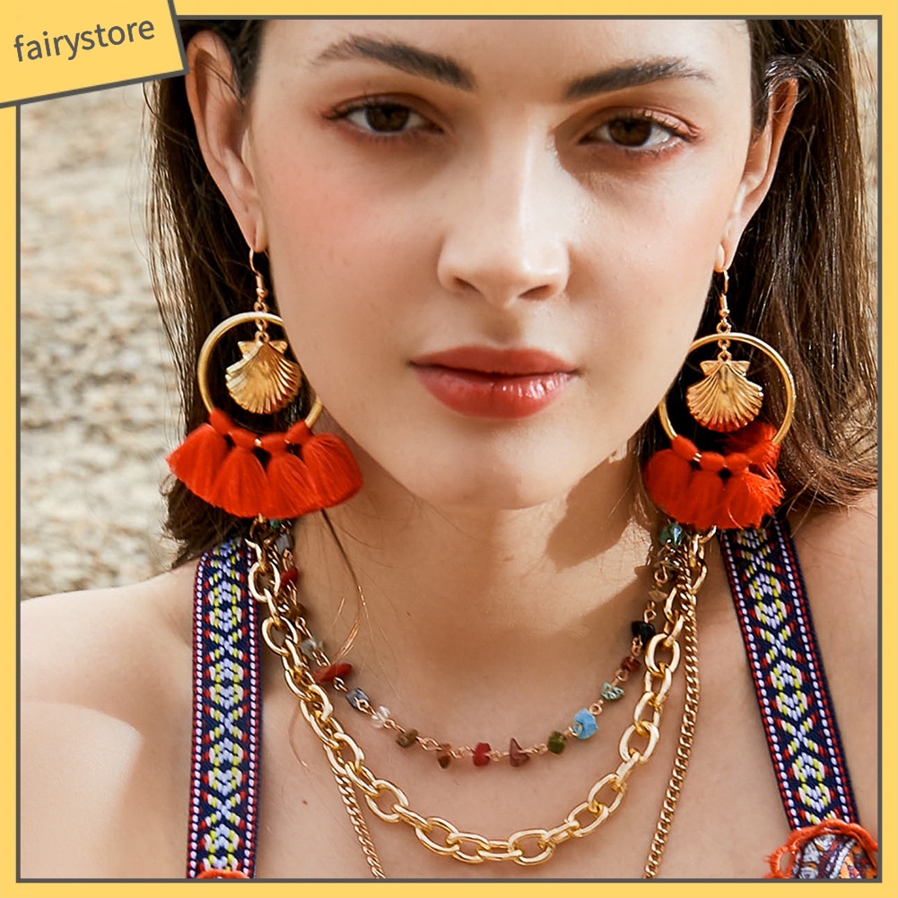 Khuyên Tai Dài Phối Tua Rua Phong Cách Bohemian Thời Trang