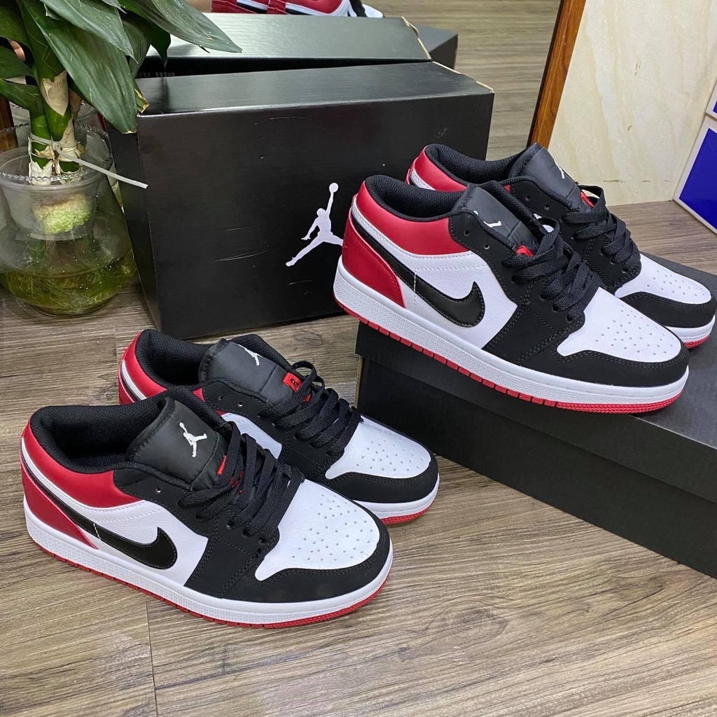 Giày sneaker Jordan 1 Low đen đỏ cực hot, Giày thể thao JD1 Low Bred Toe Nam Nữ