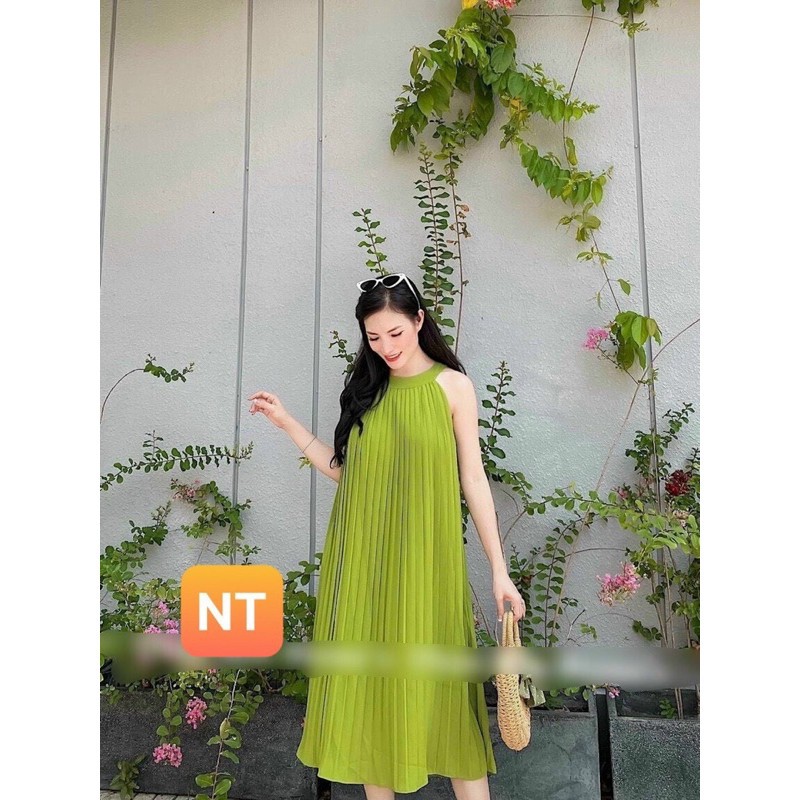 Đầm maxi dập ly cổ yếm siêu đẹp hình thật đủ màu và video