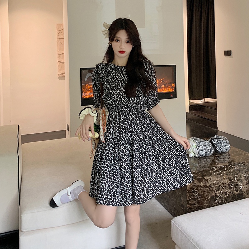 Đầm SUXI chữ A lưng cao họa tiết hoa phong cách vintage cho nữ