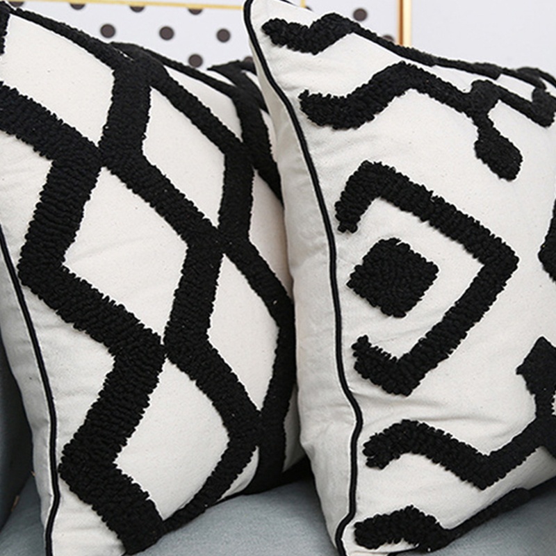 Xiangbao Vỏ Gối Dệt Tufted Hình Học Kẻ Sọc Caro Phong Cách Morocco Boho Màu Trắng Đen Co