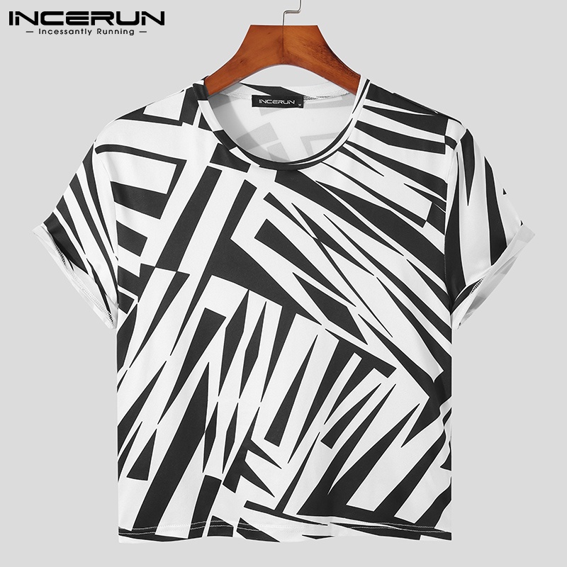 Áo thun lửng INCERUN tay ngắn họa tiết sọc ngựa vằn thời trang cho nam