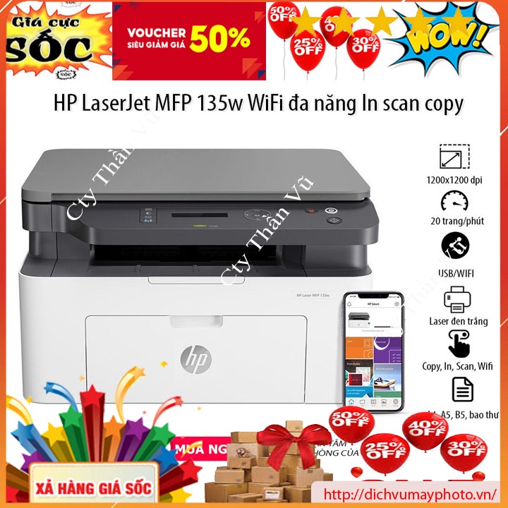 Máy in mới 100% Hp 135W có bảo hành in laser đen trắng copy in wifi scan INECO