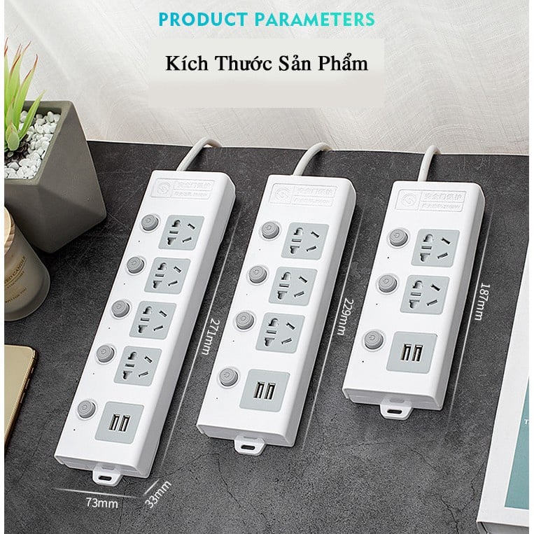 Ổ cắm điện đa năng thông minh 2 cổng USB 5v sạc nhanh, ổ chịu tải 2500W, tiết kiệm 30 kilowatt giờ dây nối 2m OCD01