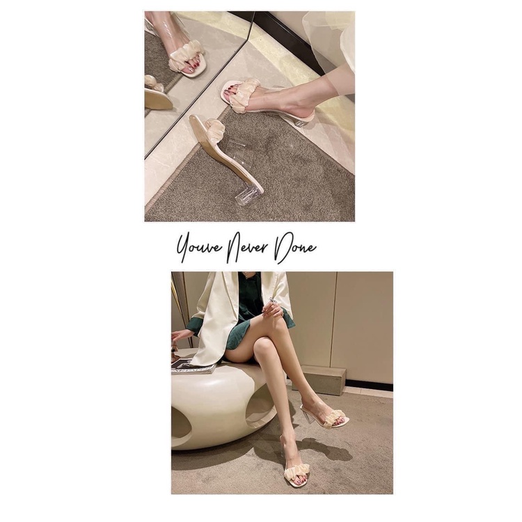 Guốc dép nữ quai trong viền lụa đế pha lê 7cm
