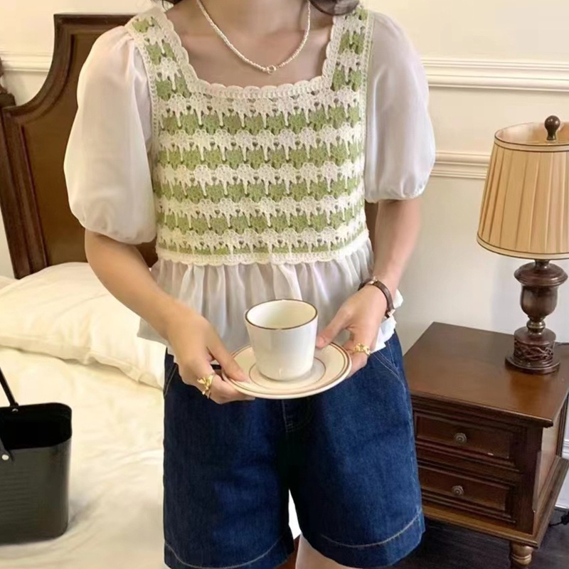 Brroa Áo Sơ Mi Chiffon Tay Lửng Thêu Họa Tiết Khối Màu Thời Trang Mùa Hè Cho Nữ