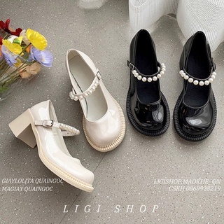 Giày Lolita quai ngang đính ngọc, giày cao gót quai ngọc 5,5P đế vuông