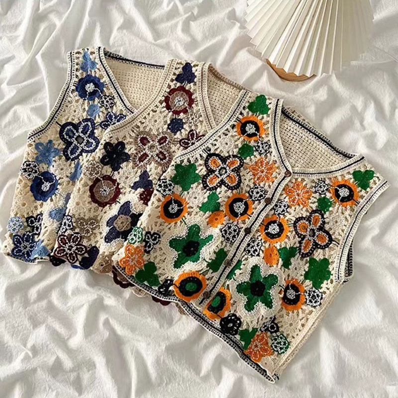 Áo Khoác Cardigan Dệt Kim Không Tay Thêu Hoa Nhiều Màu Sắc Phong Cách Vintage Dành Cho Nữ