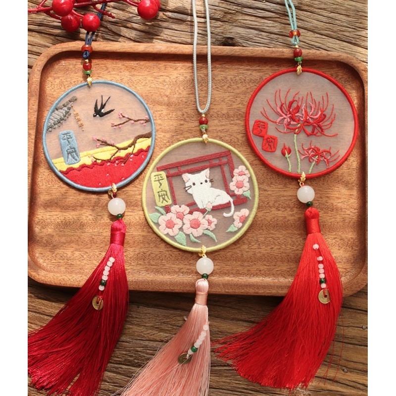 Bộ kit Diy tập thêu cổ phong bookmark đọc sách trang trí áo dài vintage nguyên liệu đầy đủ decor phòng thủ công lenmade